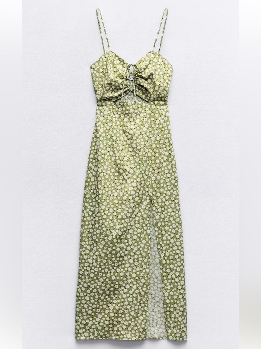 Zara Olive Green Ditsy Floral Tie-Front Maxi Dress XS